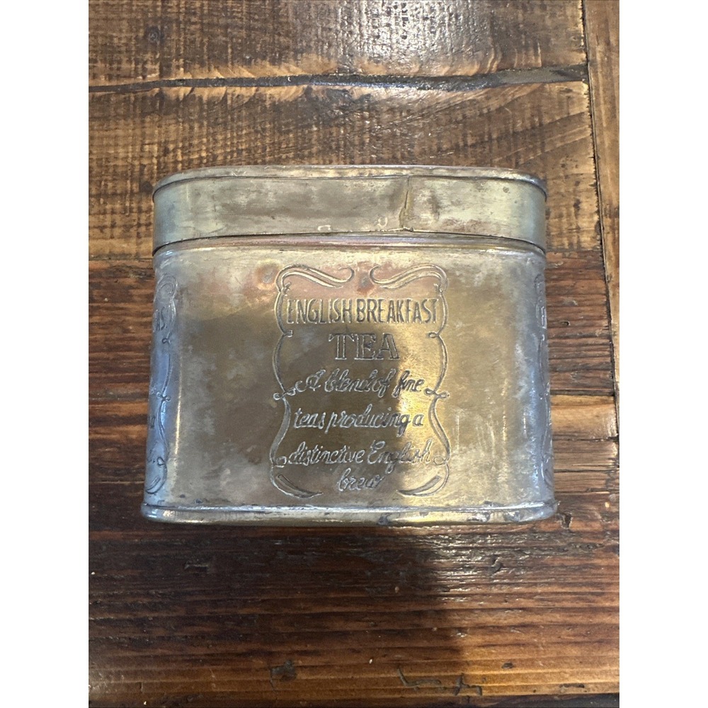 Vintage English Breakfast Tea Storage Tin with Lid Worn Silver Plated Brass Oval